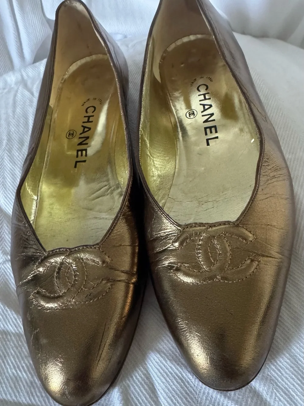 CHANEL Metallic Bronze Leather Ballet Flats